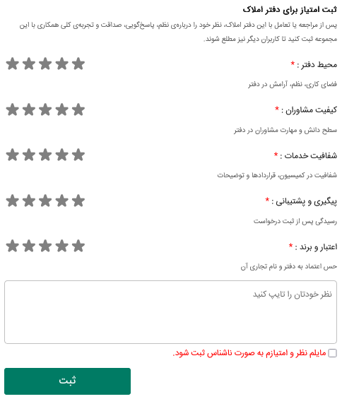 فرم ثبت امتیاز و نظر برای دفتر املاک در تیواملک